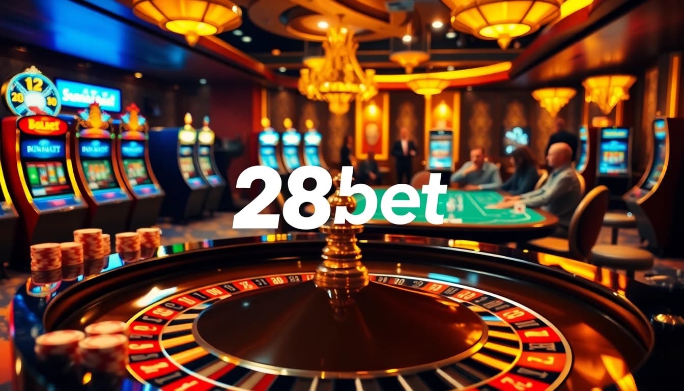 Experience the luxury of 28bet casino gaming with vibrant slot machines and elegant roulette tables.