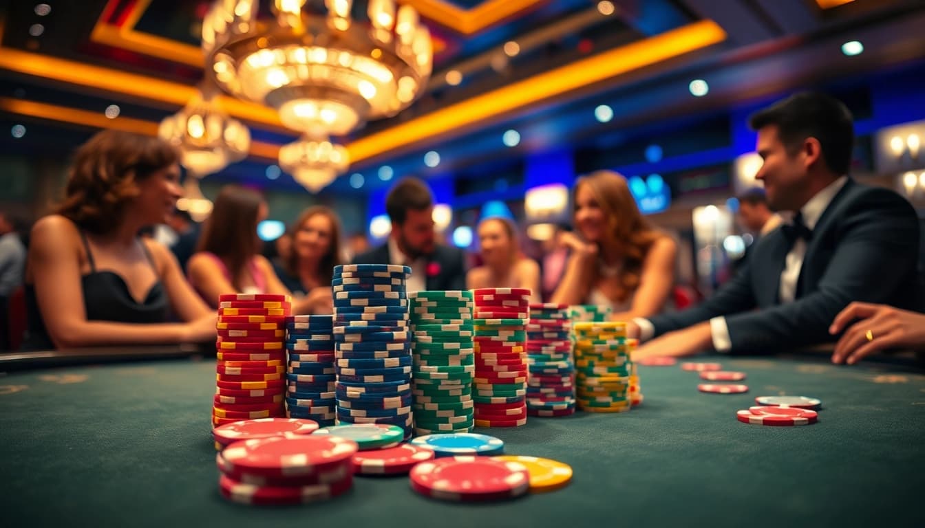 Casinospielen.de zeigt lebendige Casino-Atmosphäre mit Spielern am Spieltisch.