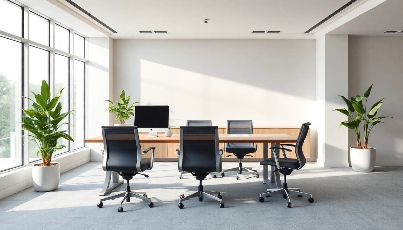 Moderne Büromöbel wie höhenverstellbare Schreibtische und ergonomische Stühle in einem hellen Büroraum.