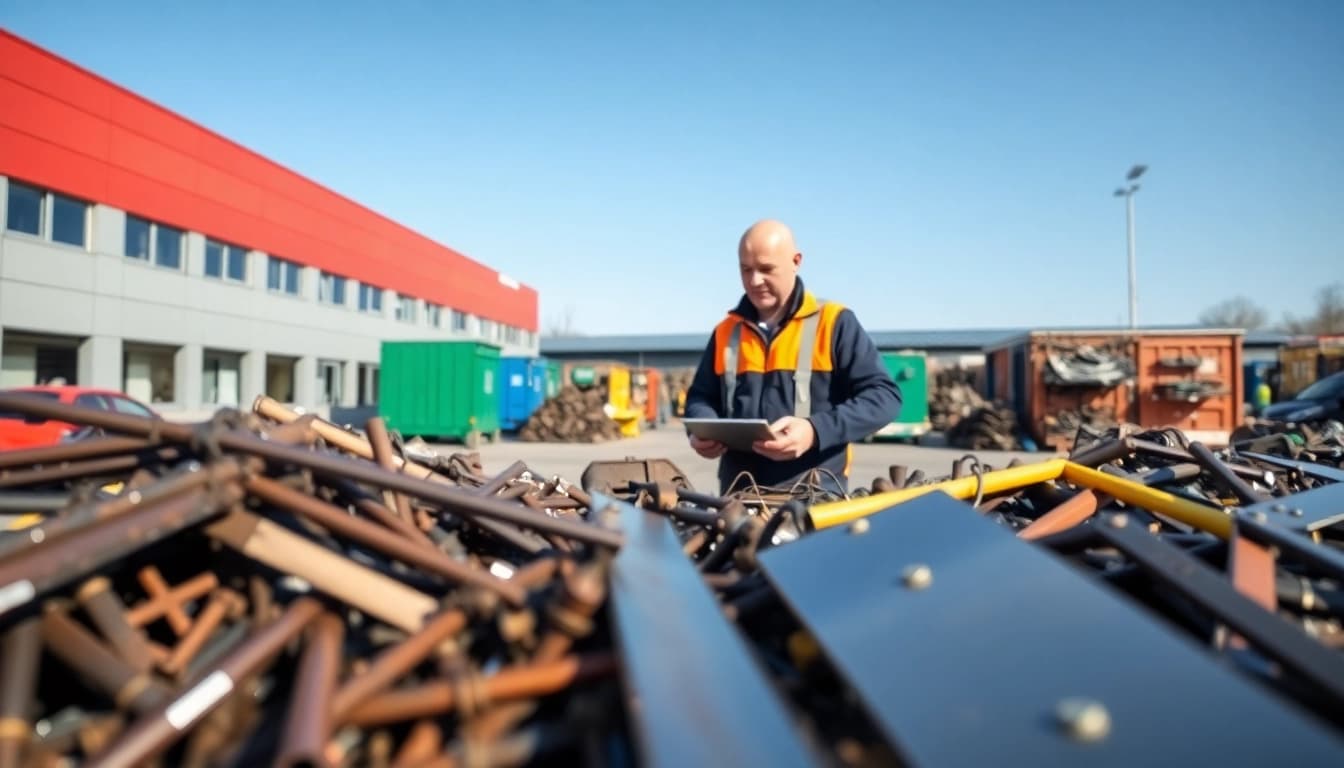 Schrotthandel Oberhausen: Ein Schrotthändler sortiert Metalle auf einem modernen Schrottplatz.