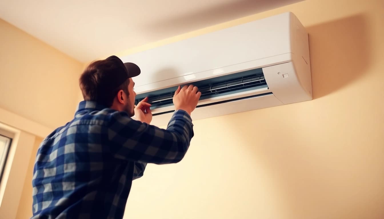 Technician professionally Klima installieren a modern split air conditioning unit in a bright living space.