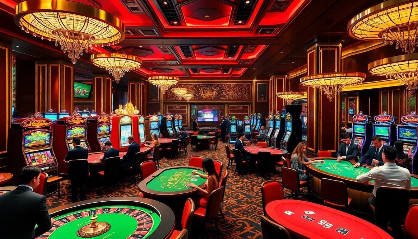 Gamblers enjoying the exciting atmosphere of uu88 com in a luxurious casino setting.