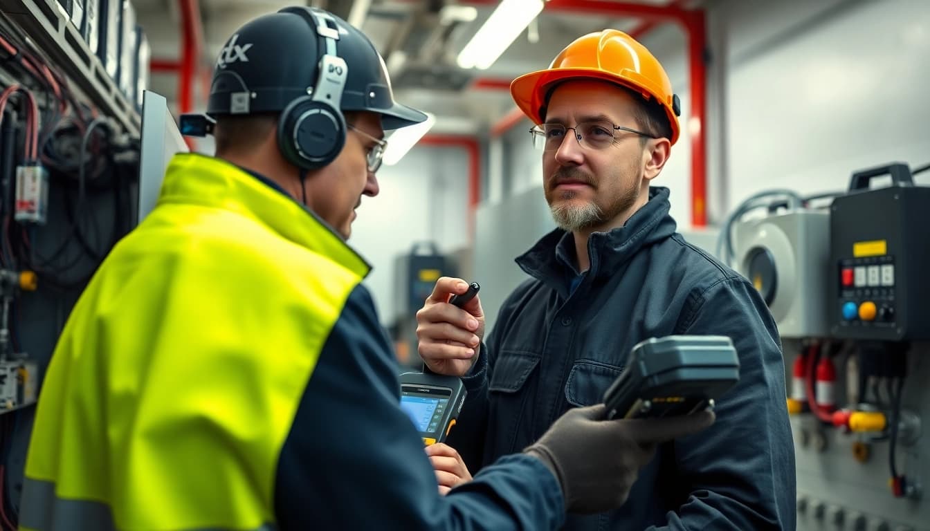 Techniker führt eine DGUV V3 Prüfung an elektrischen Anlagen durch, um Sicherheitsstandards zu gewährleisten.