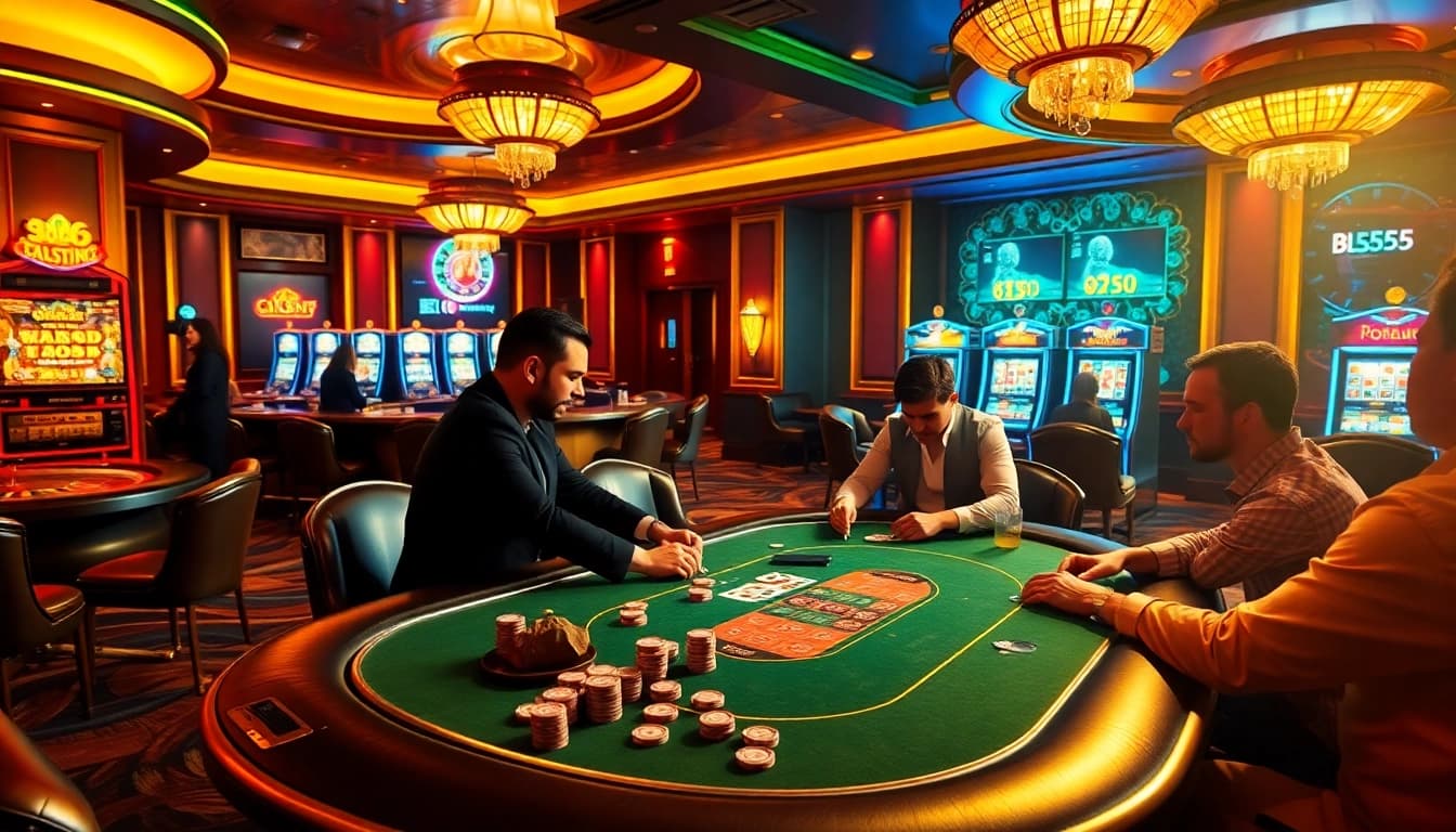 BL555 poker game at a luxurious casino with vibrant lights and attentive players.