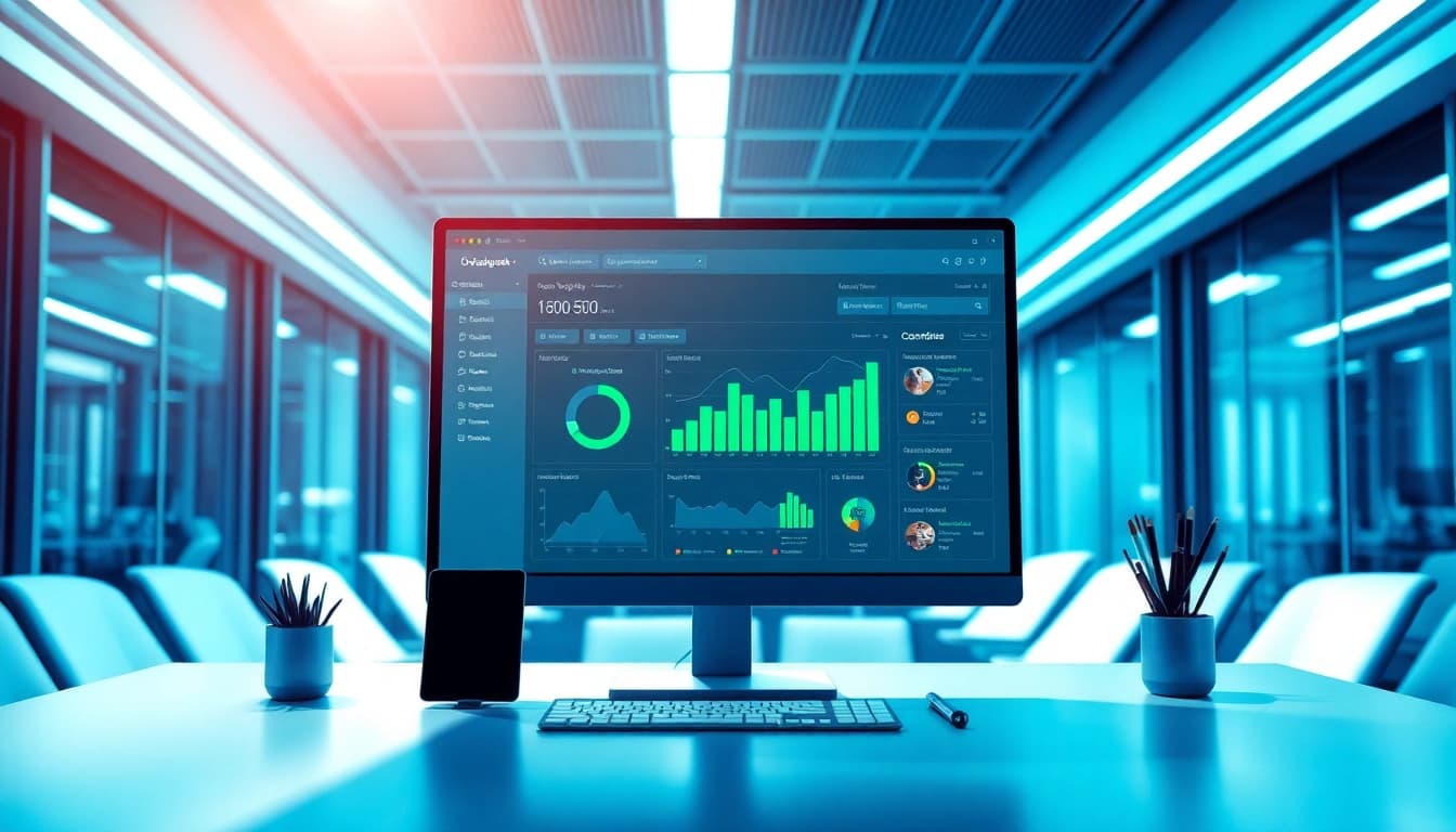 Visualisierung eines modernen Büros mit einem Computer, das SEO-Ranking-Daten analysiert, um Trends zu überwachen.