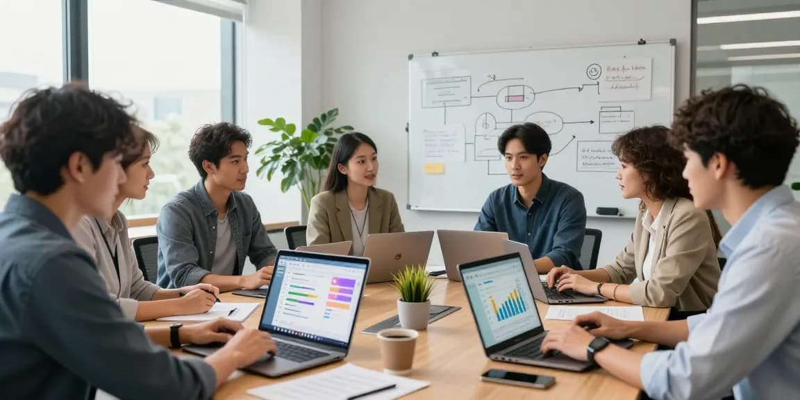 展示WPS办公软件在现代办公室团队合作中的应用场景，团队成员围坐讨论，电脑屏幕上显现丰富的图表和文档。