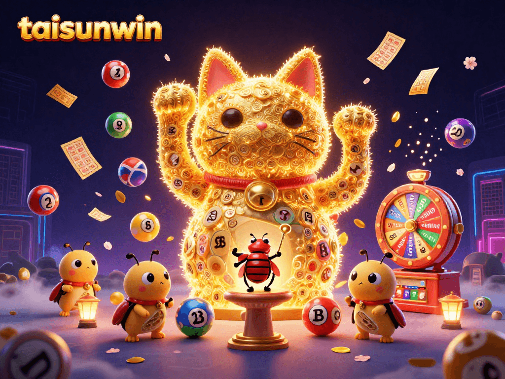 Experience excitement with taisunwin as a lucky cat made of fireflies greets vibrant casino symbols.