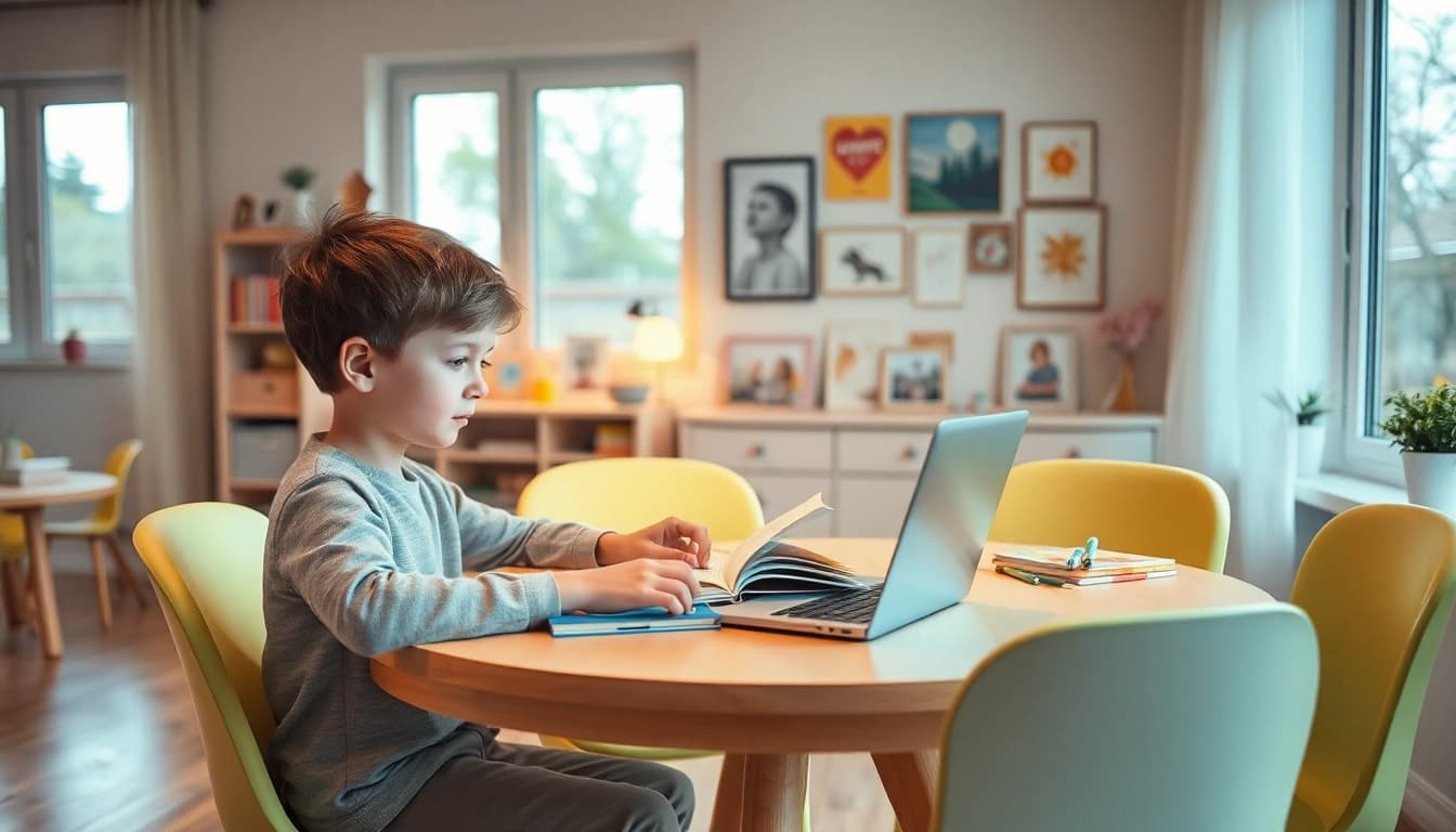 Ein Junge im Heimunterricht lernt an einem runden Tisch mit einem Buch und Laptop in einer hellen, einladenden Umgebung.