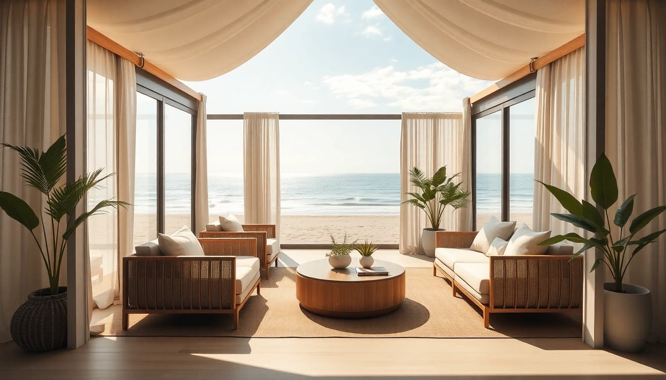 Genießen Sie den Blick auf den Ozean von der modernen Coastal Cabana mit luxuriösem Innenraum.