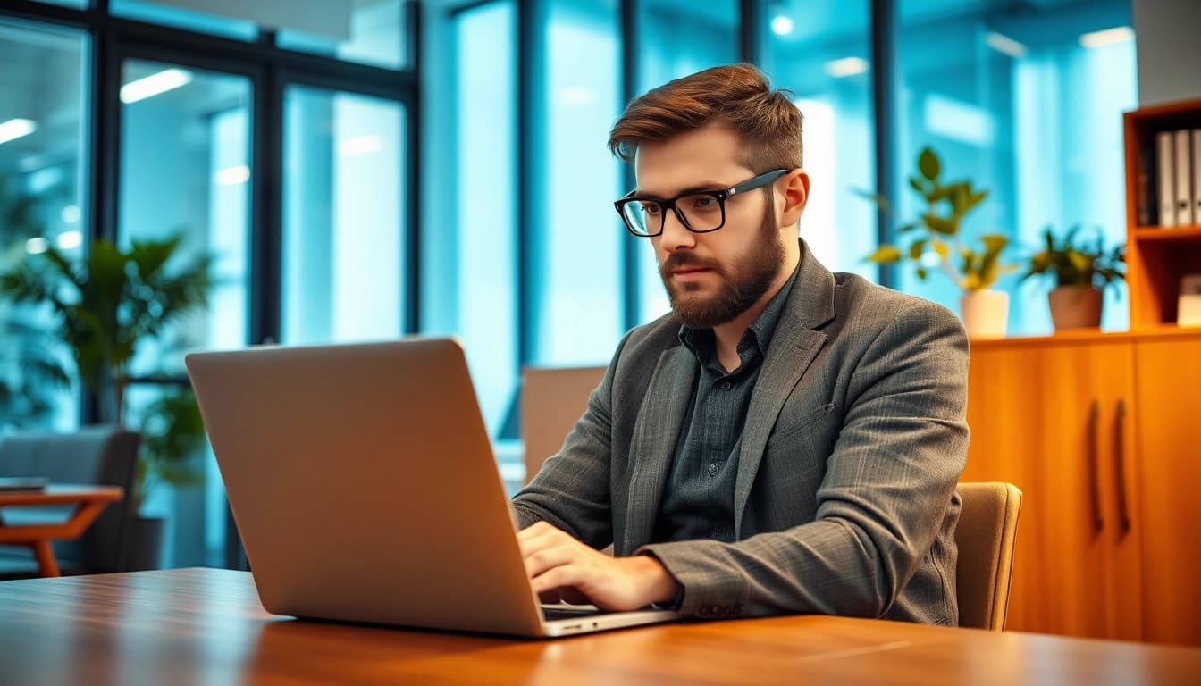 Headhunter arbeitet professionell am Laptop in einem modernen Büro mit warmem Licht.