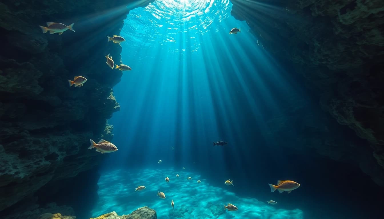 Tauchen Cenotes in einer atemberaubenden Cenote mit klarem Wasser und Kalksteinformationen.