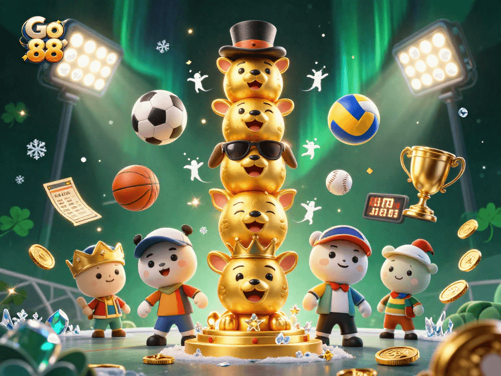 Engage with Go 88, featuring a vibrant totem and dynamic sports elements in a captivating casino scene.