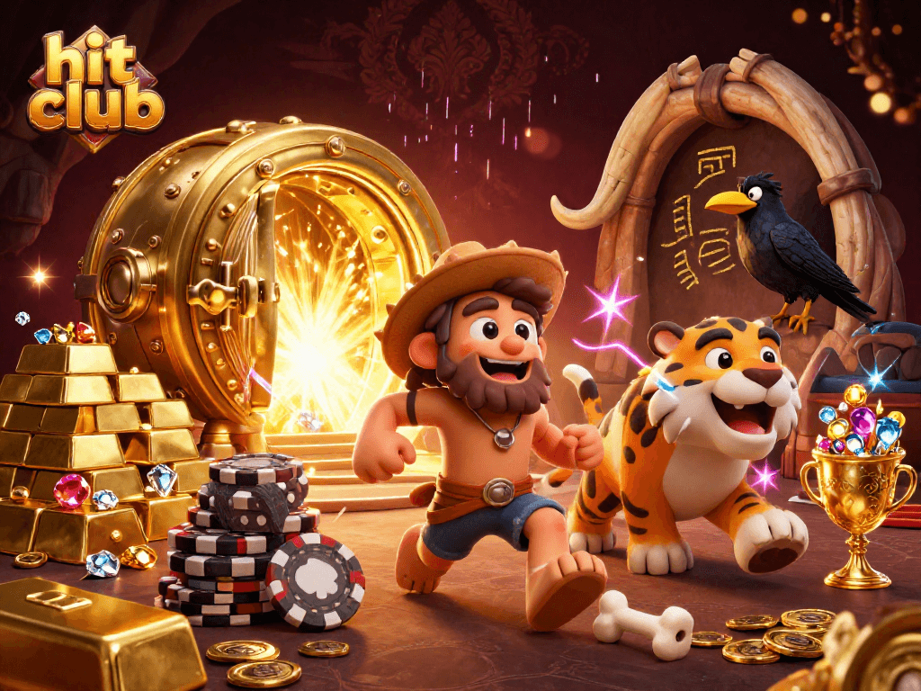 Experience the thrilling hit club gaming scene with cavemen and treasure, immersed in a vivid casino atmosphere.