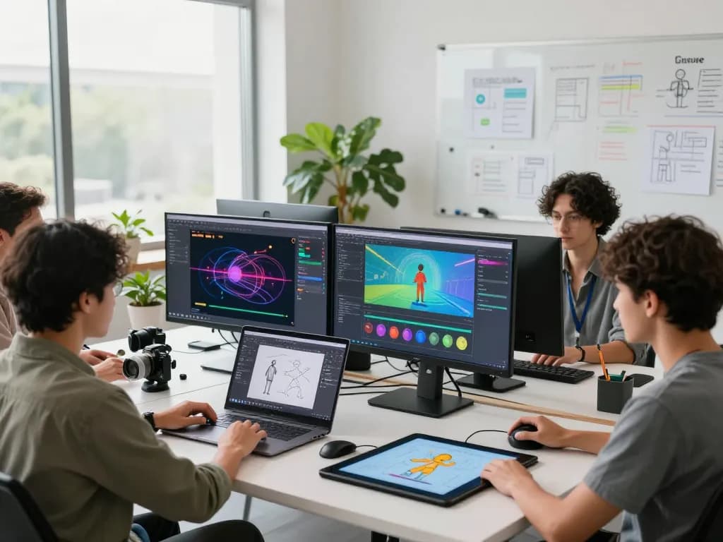 Creative team collaborating on motion control ai project in modern studio environment.