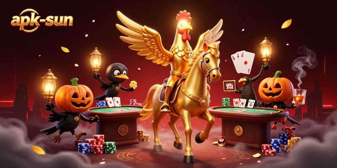 Play poker with apk-sun: Experience a golden rooster's spectral casino adventure.