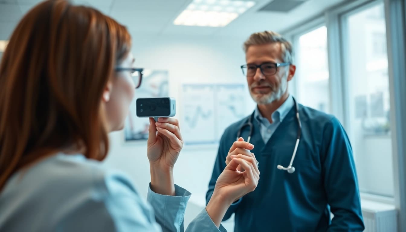 Ein Arzt berät einen Patienten über deus medical, in einer modernen, hellen Klinik.