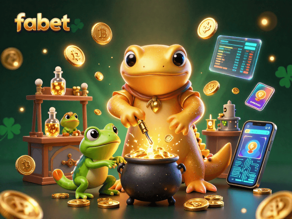 Experience fabet's magical transformation into gold coins with vibrant 3D characters in a lively casino environment.