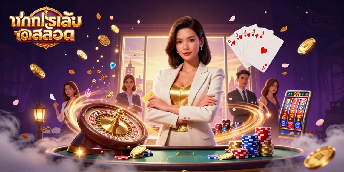 Experience ทดลองเล่นสล็อต with powerful visuals of a professional Asian woman engaged in casino gameplay.