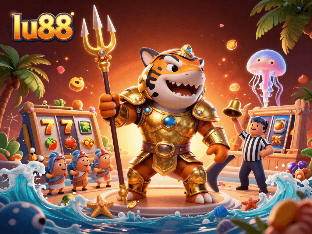 Experience excitement at lu88 with a fierce tiger shark in gladiator armor leading an underwater gaming spectacle.