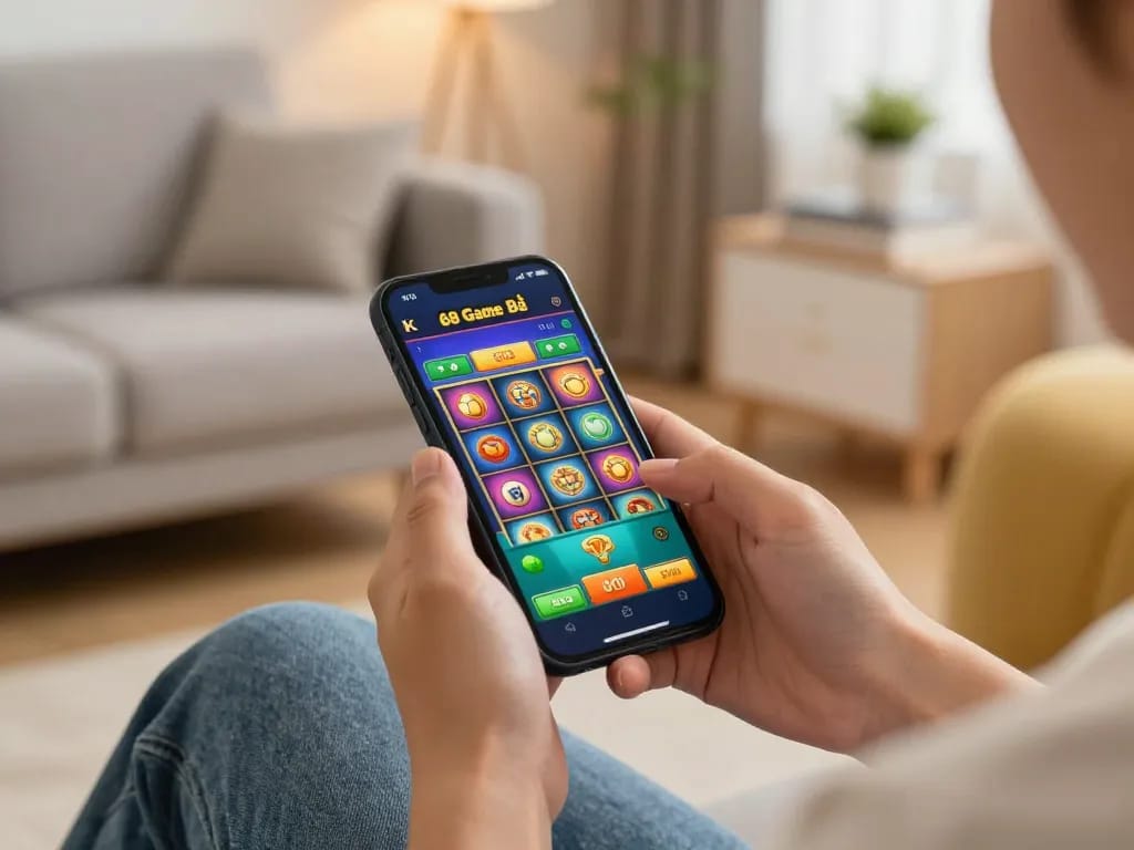 Engaging with 68 Game Bài mobile app reveals exciting slots and gameplay in a cozy home.