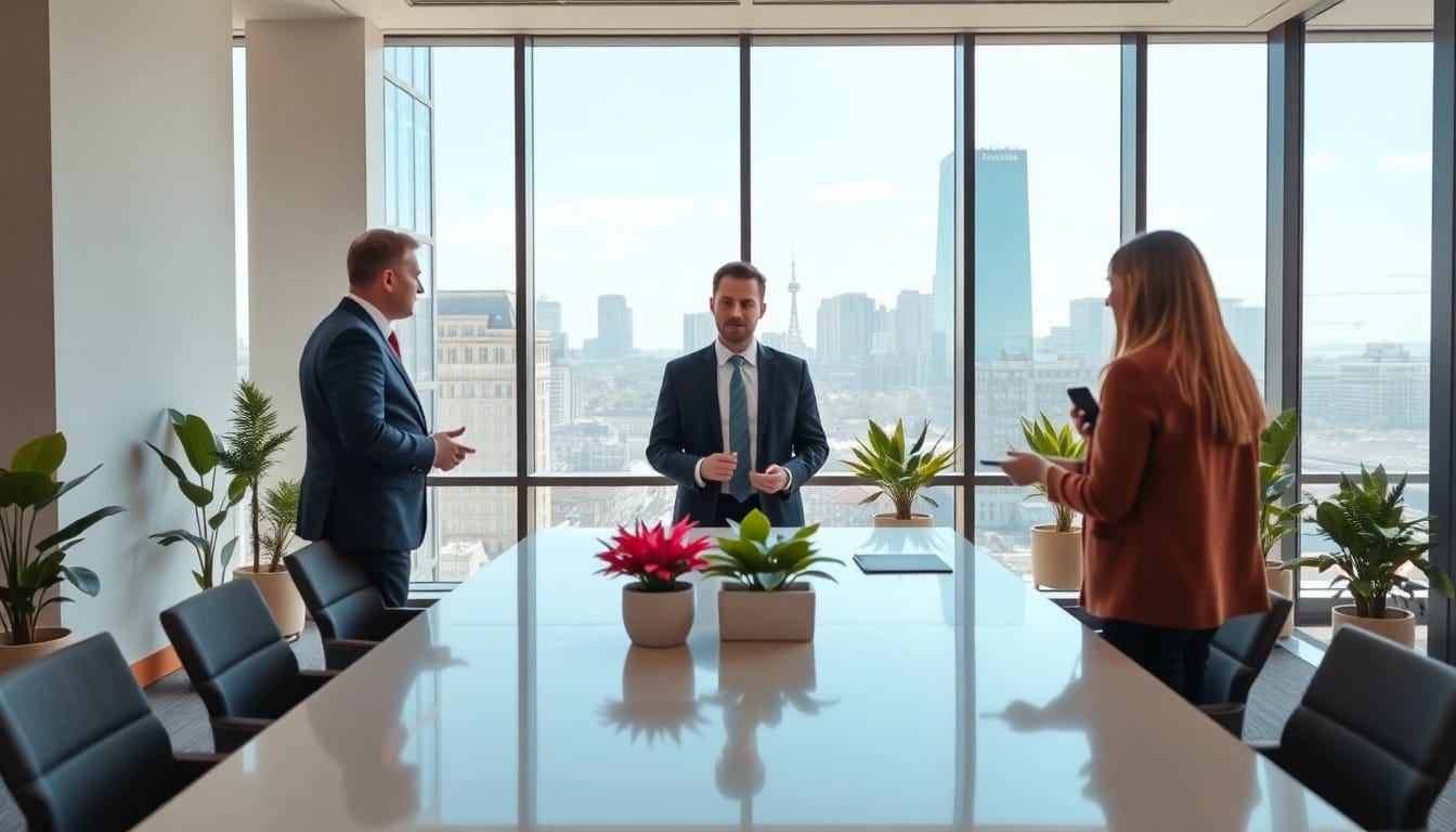 Immobilienmakler Frankfurt Riedberg berät Kunden in einem eleganten Büro.