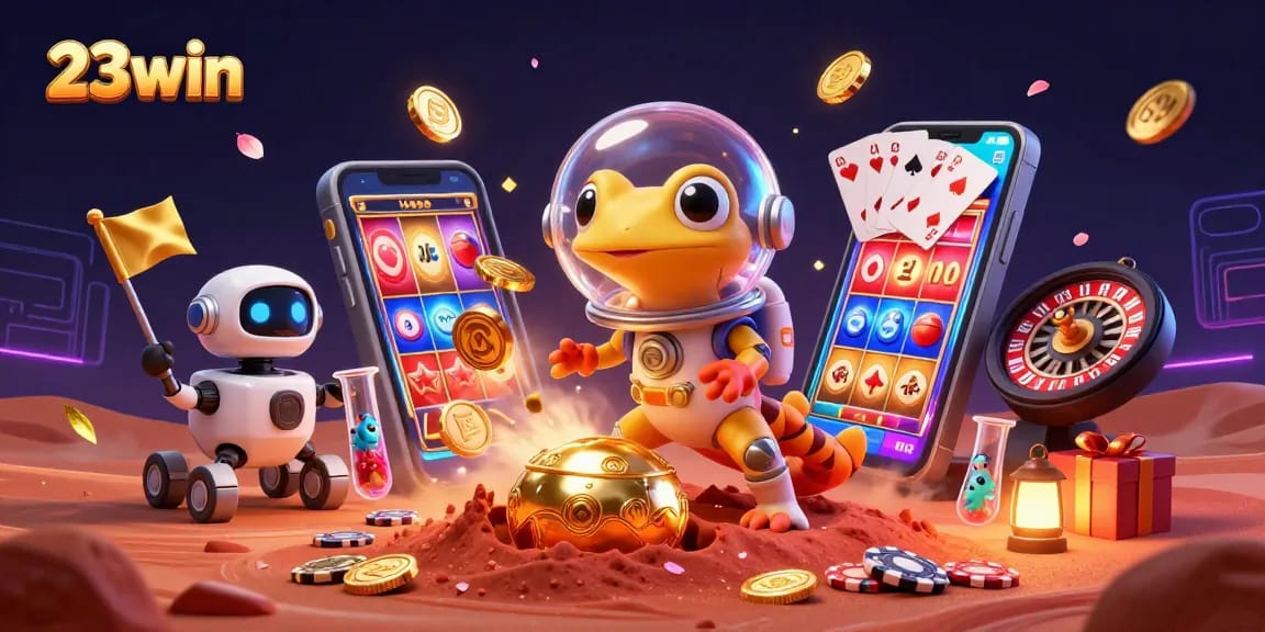 Spin to win at 23win's golden casino, featuring vibrant gaming elements and an adventurous Martian gecko.