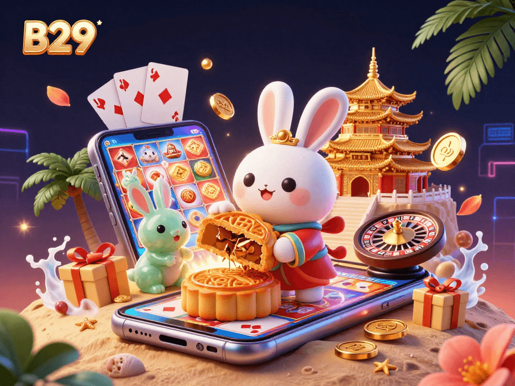 B29 moon rabbit engages in fun casino games, revealing poker chips, amidst vibrant gaming elements.
