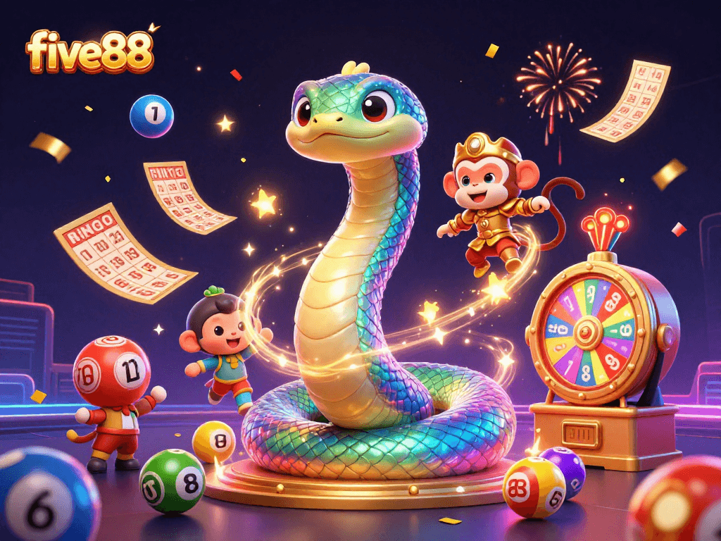 Experience the excitement of five88 with vibrant lottery elements and a magical scene.