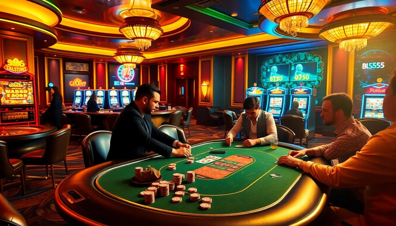 BL555 poker game at a luxurious casino with vibrant lights and attentive players.