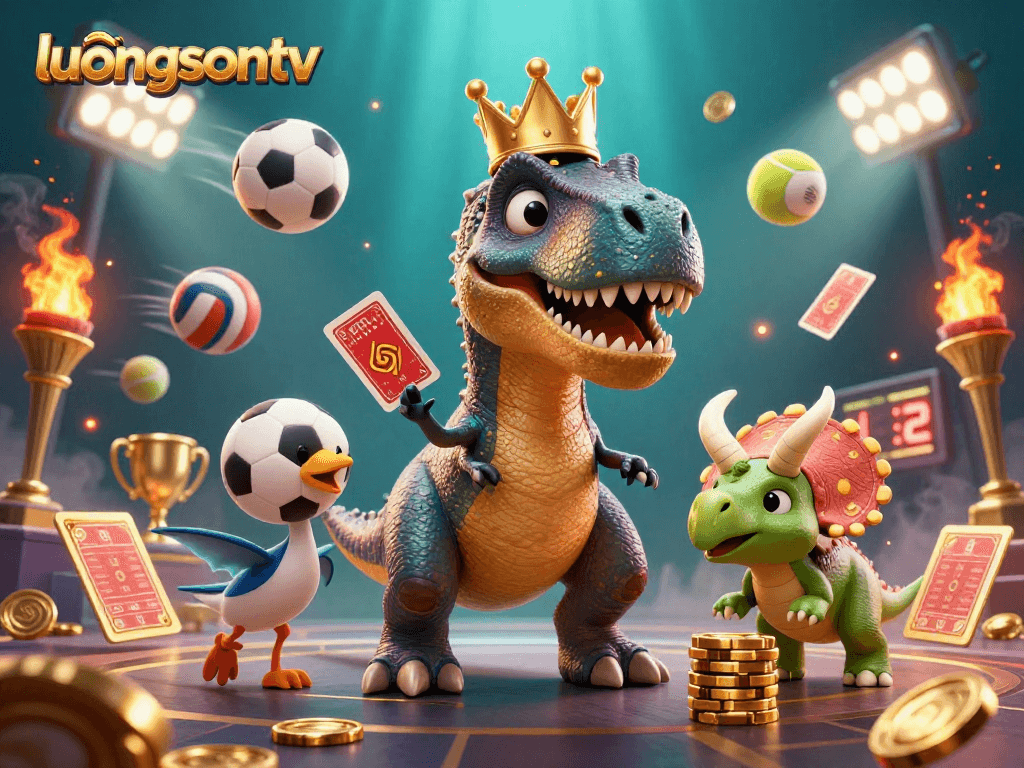 Experience thrilling moments with luongsontv as a T-Rex shuffles cards and friends stack golden chips.