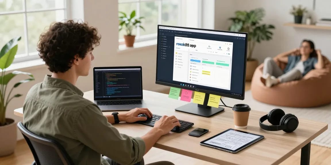 Developing rokok88 apk in a vibrant workspace with modern tech elements