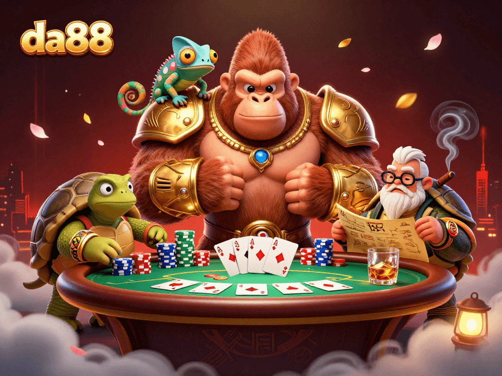 Engage in thrilling poker battles at da88 with a colorful scene featuring a gorilla king and friends.