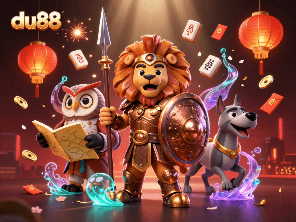 Engage with du88's exciting world of casino adventures illuminated by vibrant characters and festive elements.