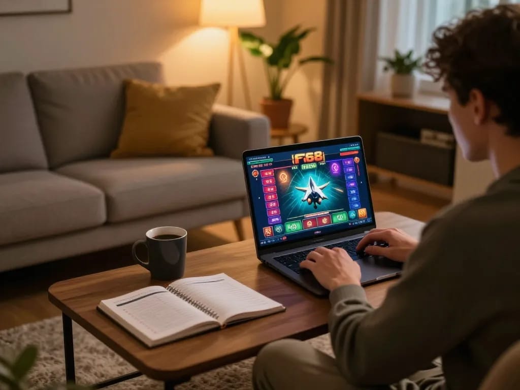 Player enjoying F168 online casino game from home, showcasing responsible gaming setup.
