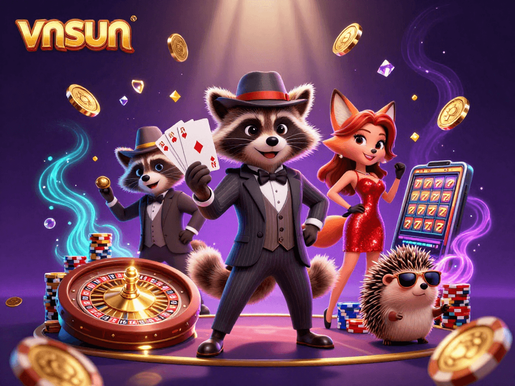Experience the excitement of vnsun with a charming raccoon, fox lady, and hedgehog in a vibrant casino scene.