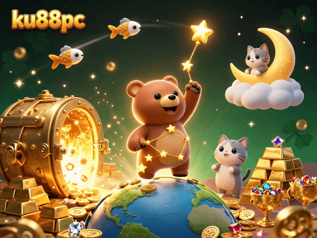 Play dynamic games at ku88pc, featuring a colorful casino scene with treasures and animated characters.