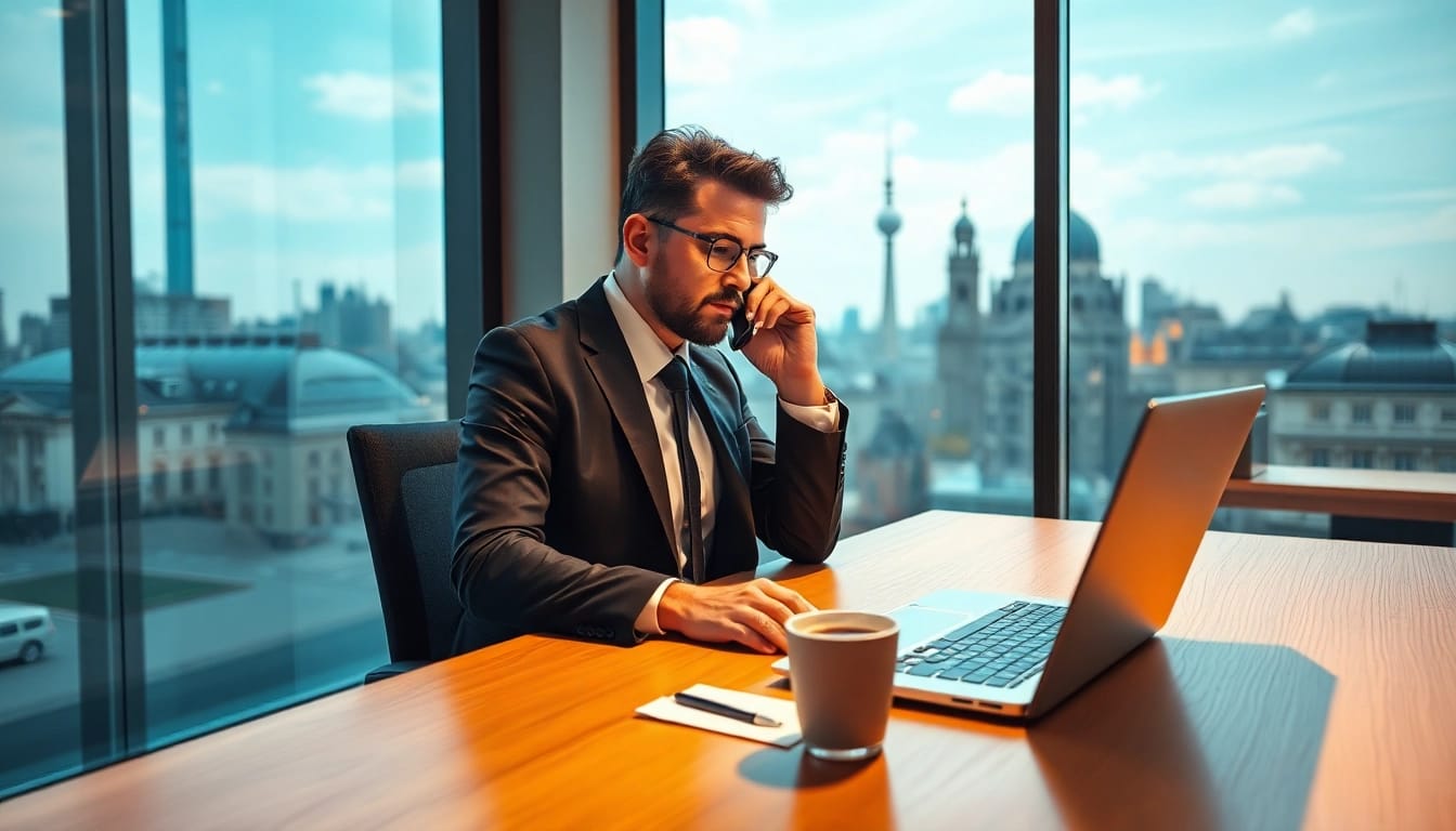 Headhunter Berlin bei der Arbeit in einem modernen Büro mit Skyline-Ausblick.