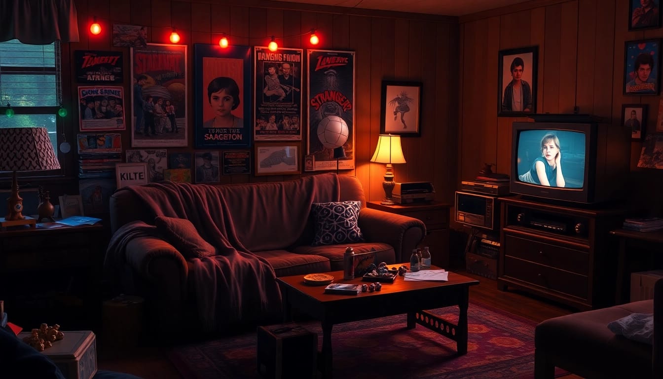 Stranger Things Review: Nostalgic living room scene with Dungeons & Dragons props, evoking warmth and friendship.
