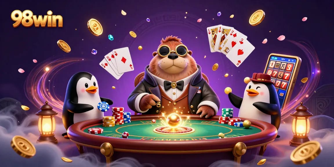 Engage in 98win's thrilling underwater poker scene featuring a walrus and dealer, amidst rich casino elements.