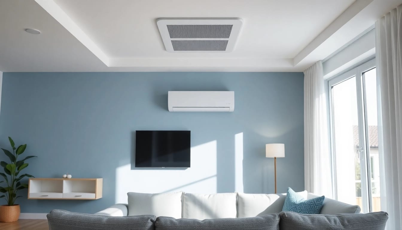 Klimaanlagen im eleganten Wohnzimmer-Setup, das modernes Design und kühle Farben kombiniert.