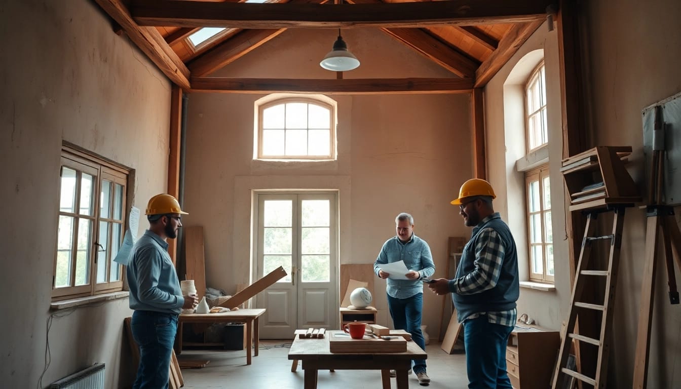 Hausrenovierung im Gange: Handwerker arbeiten an der Planung und Ausführung bei Tageslicht.
