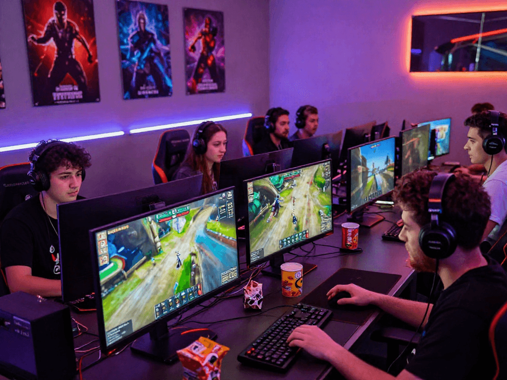 Engaged players using rokok88 link login for an immersive online gaming experience in a vibrant gaming room.