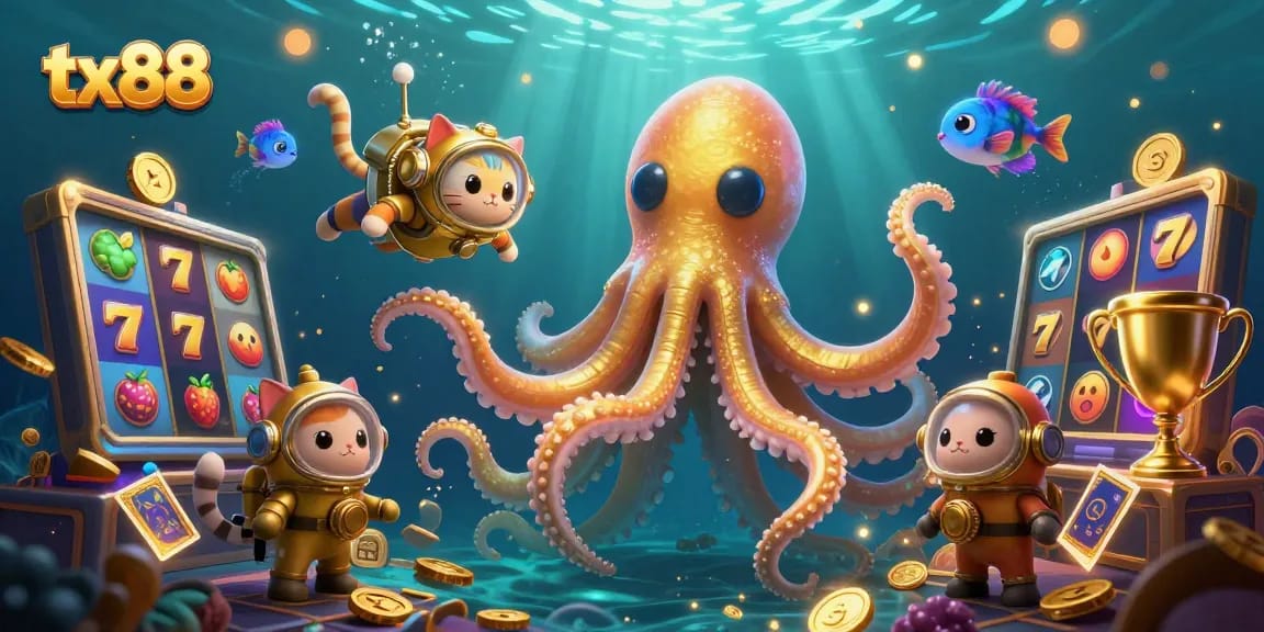 Win big with tx88's colorful slot adventure featuring a kraken and diving cat.
