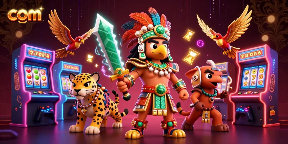 Spin the reels with com's Aztec warrior and golden quetzals amidst vibrant casino gaming elements.
