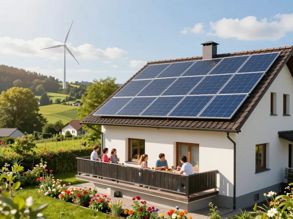 Photovoltaik Bayern Wohnsolaranlage in einer sonnigen bayerischen Umgebung, die umweltfreundliches Leben und Nachhaltigkeit hervorhebt.