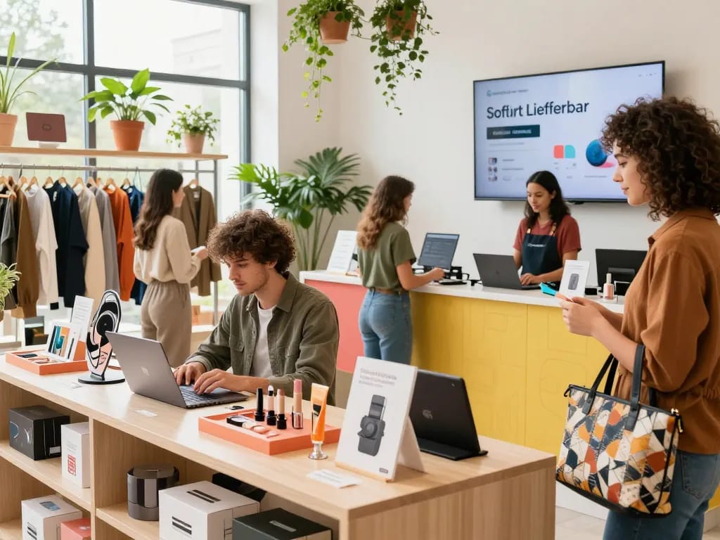 Sofort Lieferbar Online-Shopping-Szene mit verschiedenen Kunden, die modische Produkte durchstöbern und eine lebendige Einzelhandelsatmosphäre genießen.