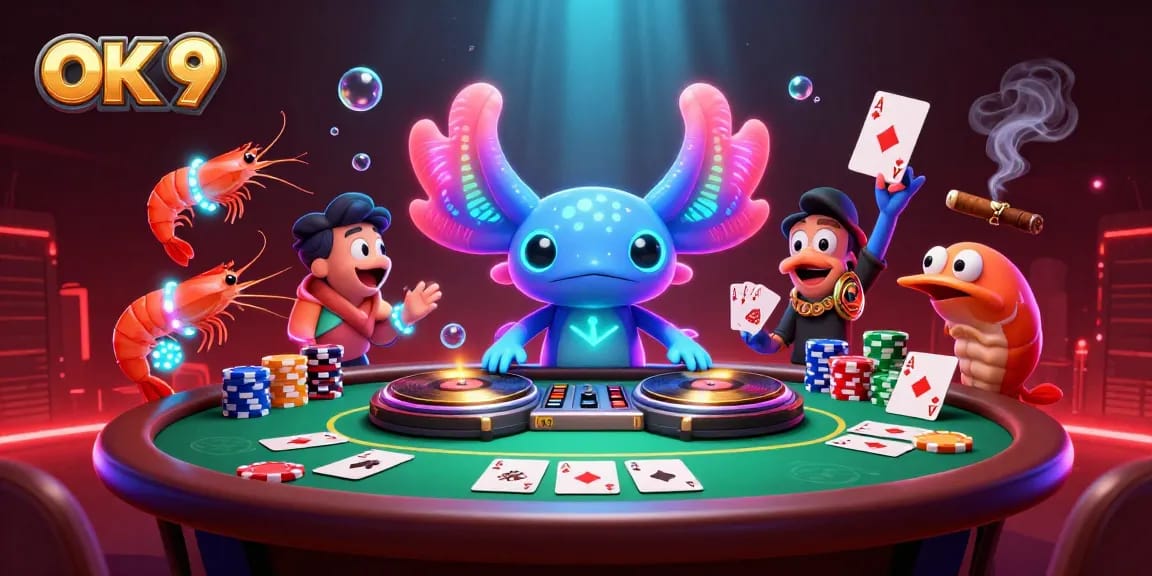 Experience high-energy gaming action at OK 9 with vibrant underwater casino elements and animated characters.