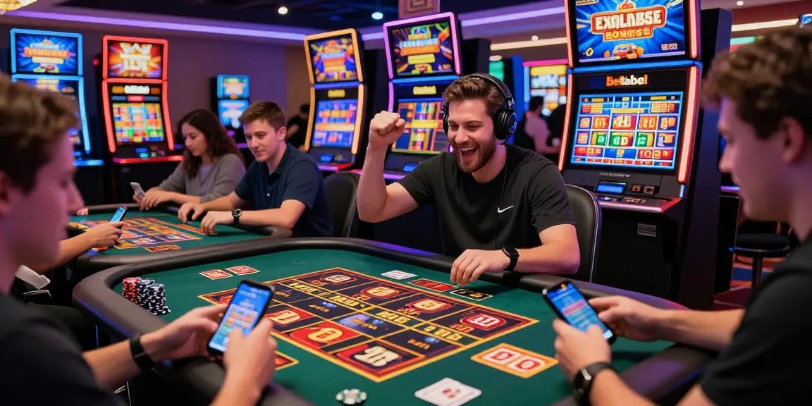 BetLabel Casino: Spieler feiern Gewinne umgeben von lebhaften Spielautomaten und Tischspielen.
