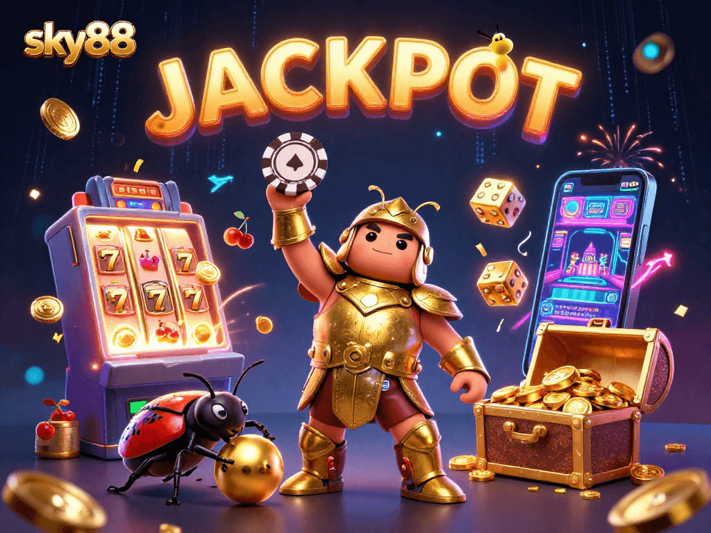 Sky88 features a victorious beetle champion amidst vibrant casino elements, celebrating jackpots.