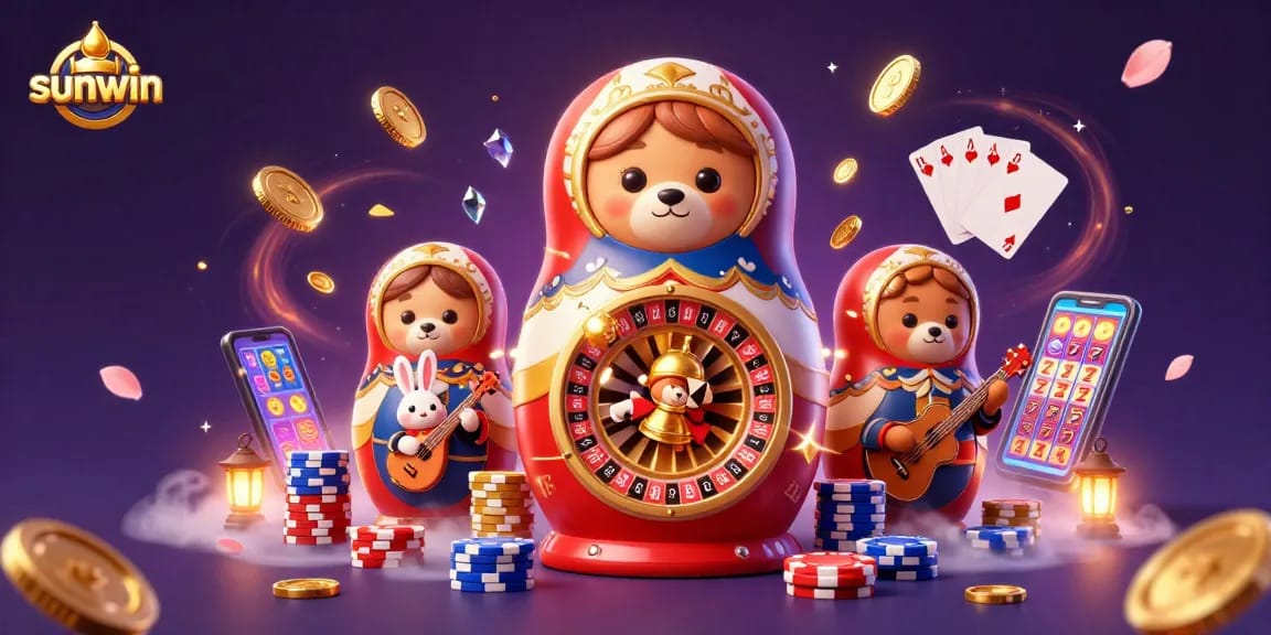 Experience the excitement of sunwin with vibrant casino elements and engaging characters in a lively digital scene.
